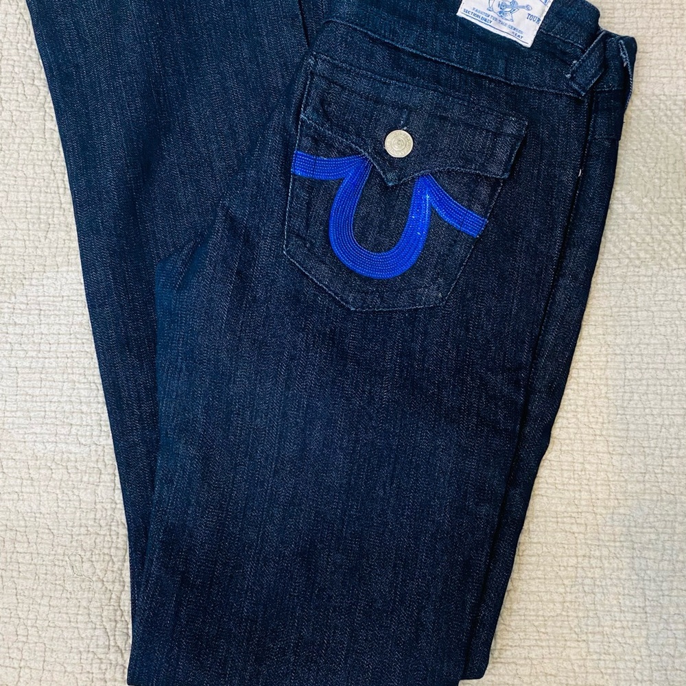 🟢True Religion women dark denim bootcut high definition logo never worn w/30in